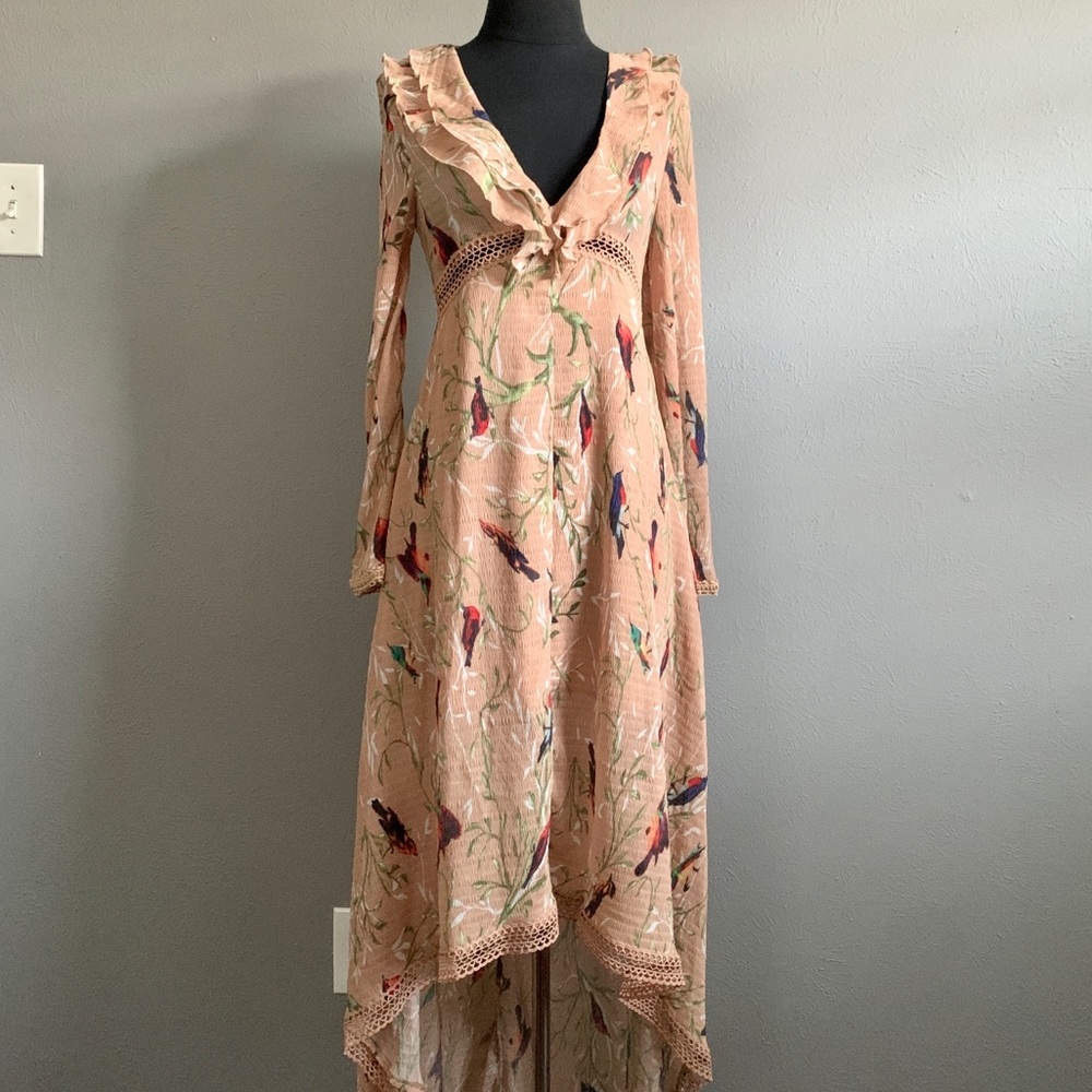 Anthropologie Foxiedox Bird Print Boho High Low Maxi Dress Ruffle NWT XS